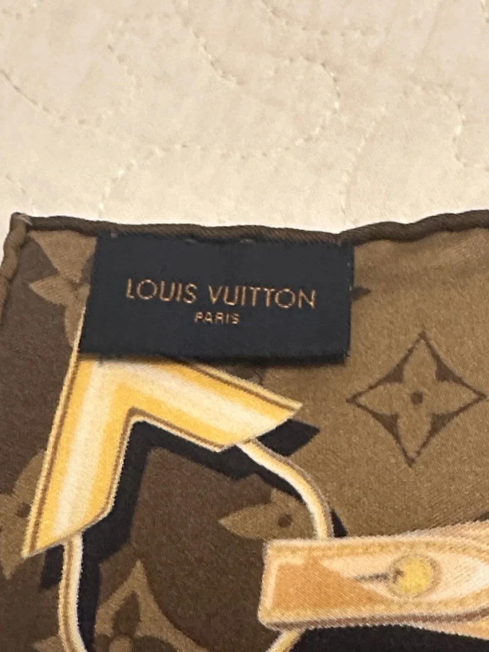 Louis Vuitton Brown and Tan Monogram Silk Scarf with Gold Chain Motif - Picture 4 of 5